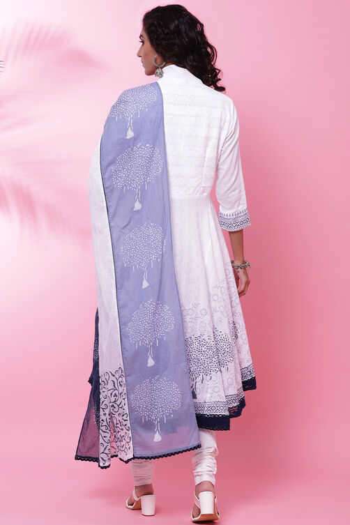 White and Blue Cotton Anarkali Kurta Churidar Suit Set image number 4