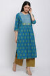 Teal Cotton Straight Kurta Palazzo Suit Set image number 3