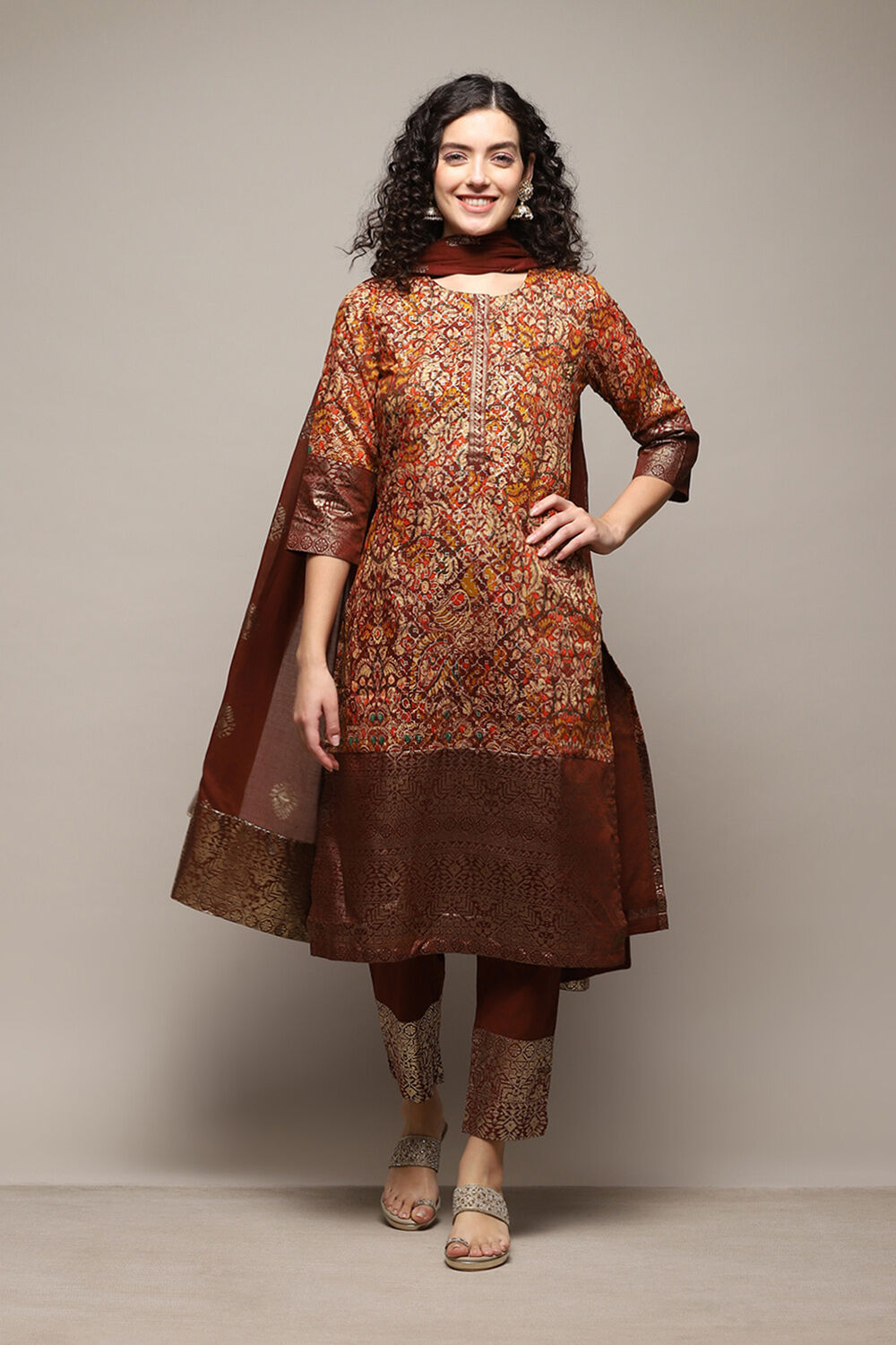 Choco Brown Cotton Blend Straight Printed Kurta Afgan Pant Suit Set image number 7