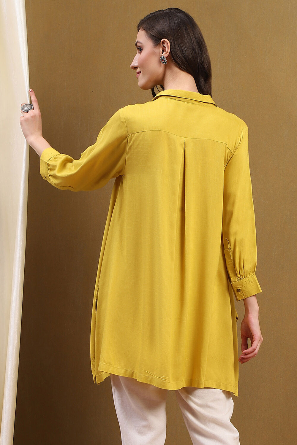 Mustard Yellow Solid Asymmetric Short Kurta image number 3