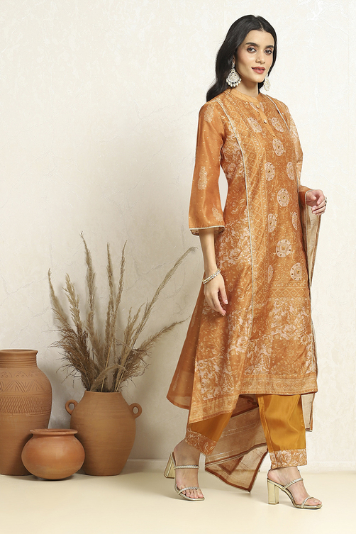 Beige Chanderi Printed Unstitched Suit Set image number 6