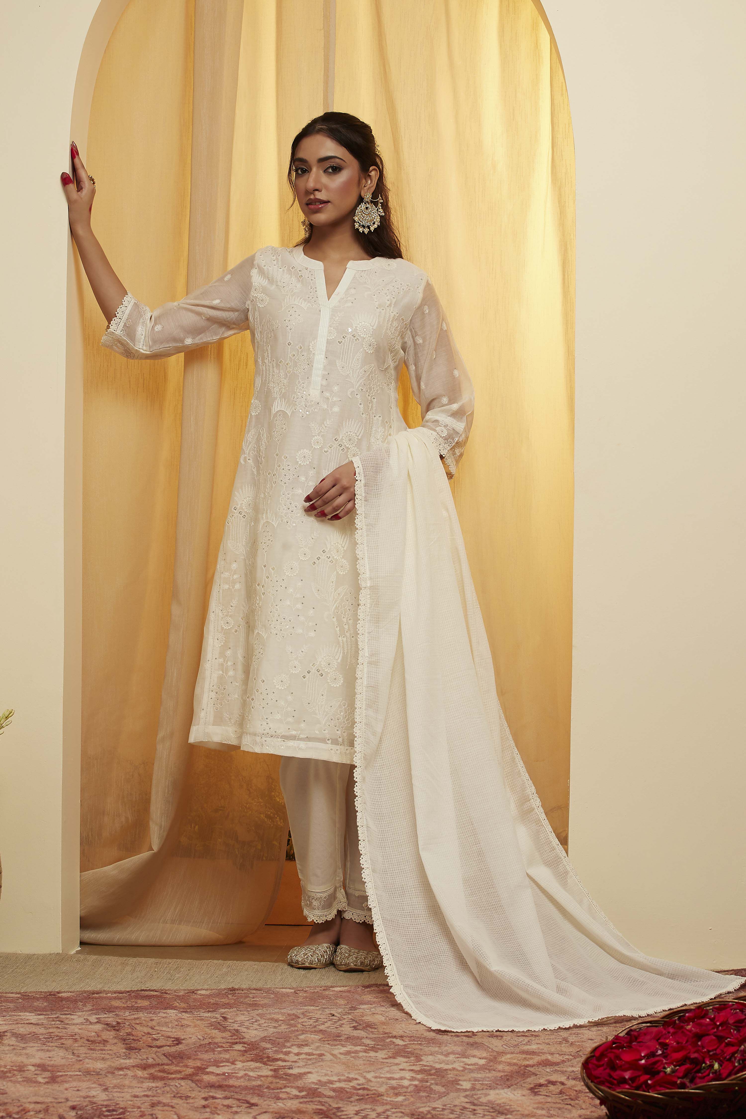 biba Off White Cotton Silk A Line Suit SetOff White Cotton Silk A Line Suit Set-picture-83