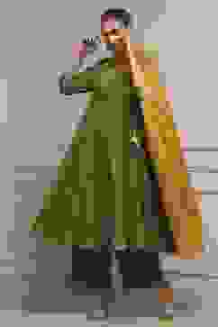 Green Embroidered Angrakha Festive Anarkali Suit Set image number 0