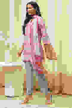 Off White Art Silk Straight Kurta Pant Suit Set image number 3