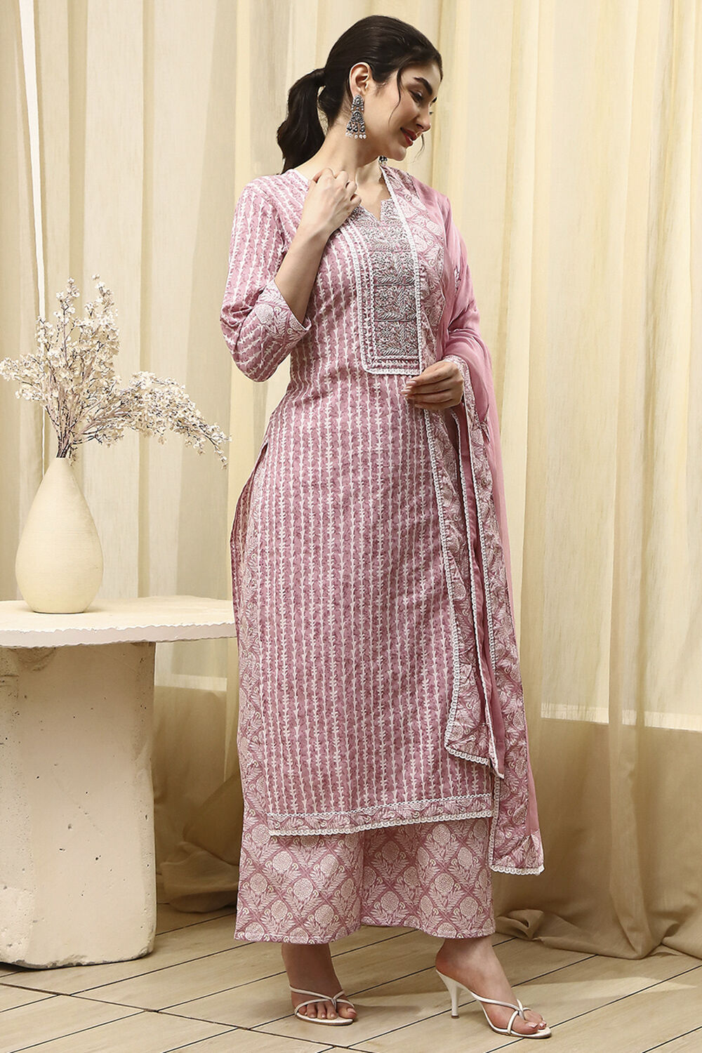 Mauve Cotton Printed Unstitched Suit Set image number 6