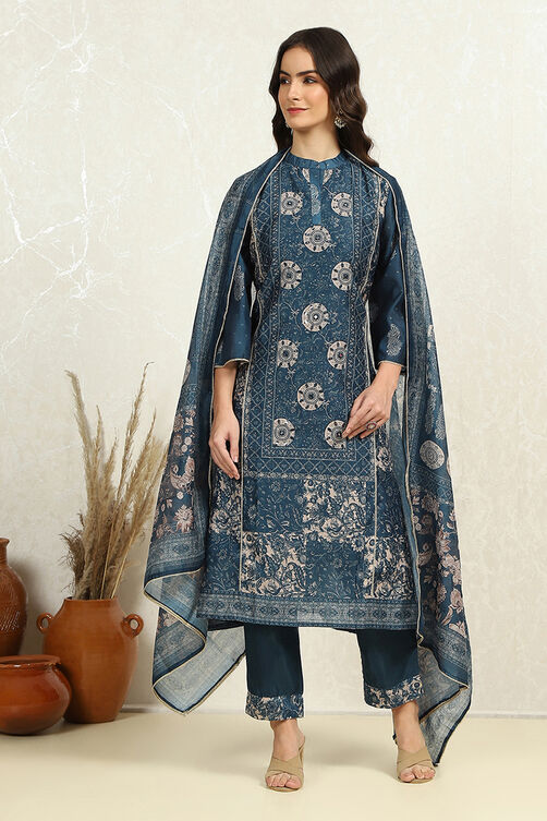 Beige Chanderi Printed Unstitched Suit Set image number 1