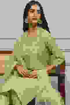 Sage Green Art Silk A-Line Kurta Regular Pant Suit Set image number 6