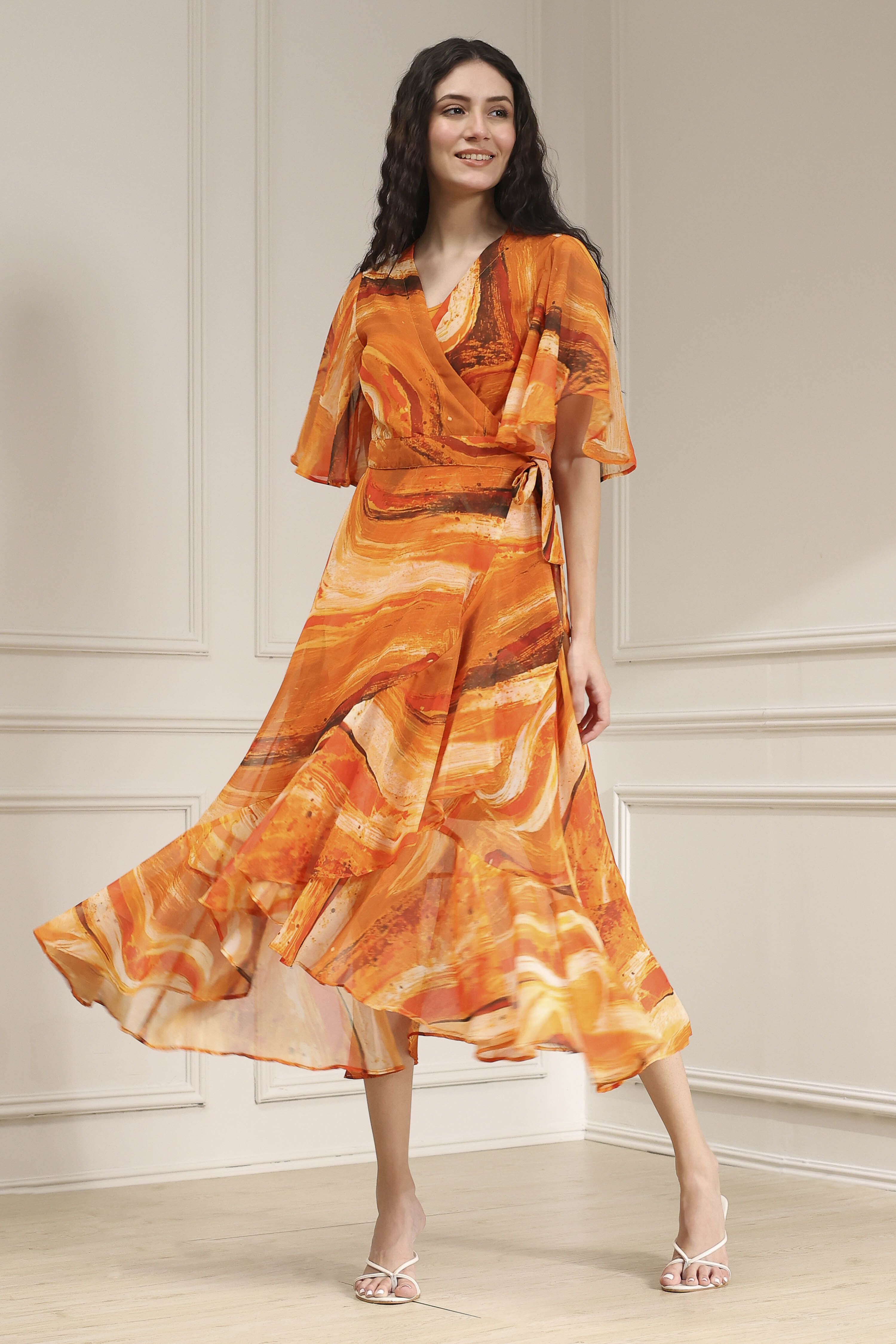 Mustard Yellow Printed Flared Dress image number 5