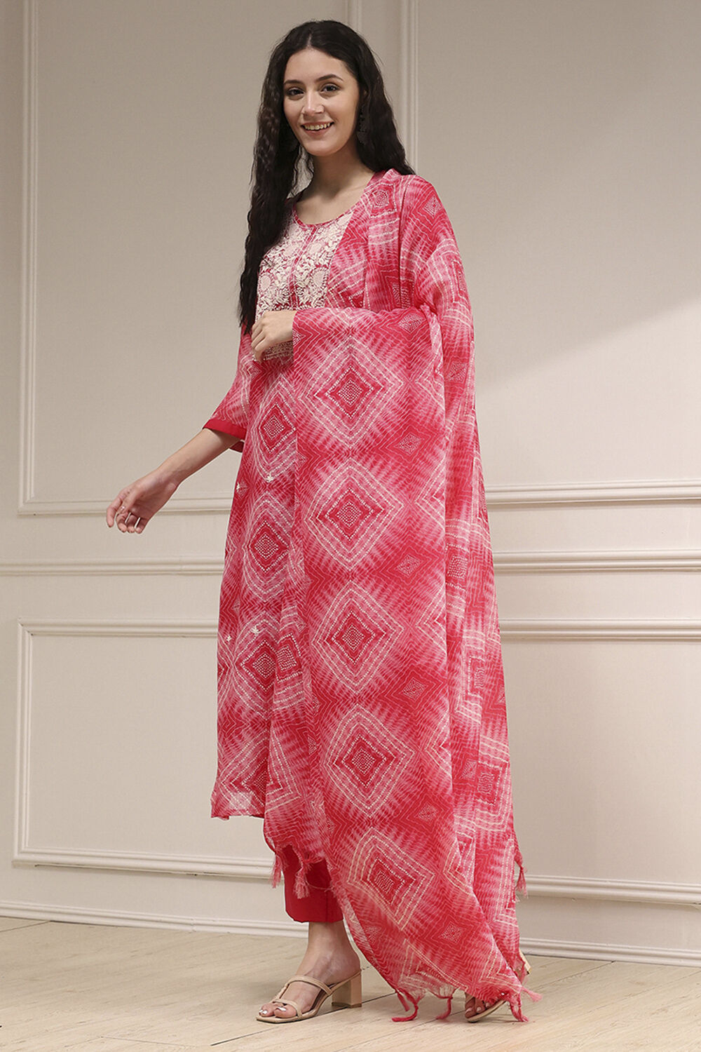 Pink Cotton Machine Embroidered Unstitched Suit Set image number 4