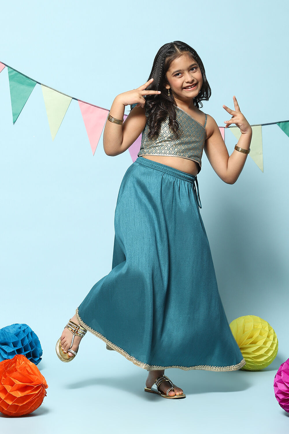 Teal Art Silk Straight Lehenga Set image number 0