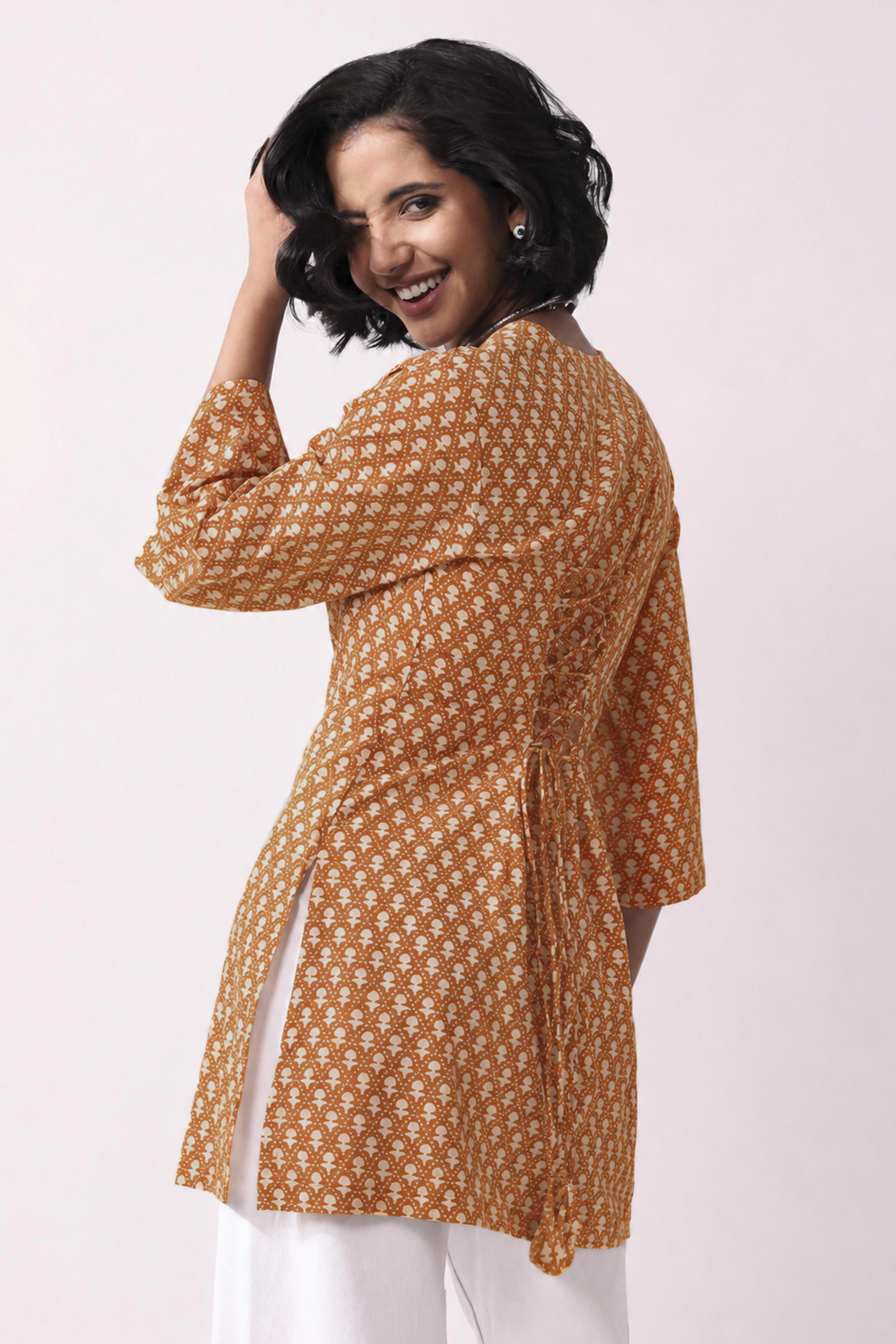 Mustard Cotton Straight Short Kurti image number 4
