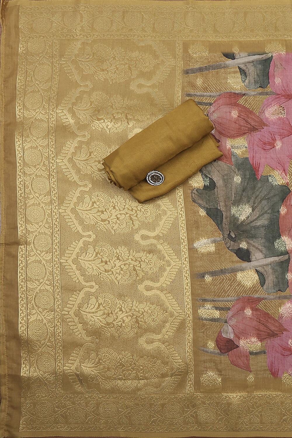 Mustard Yellow Chanderi Printed Unstitched Suit Set image number 3