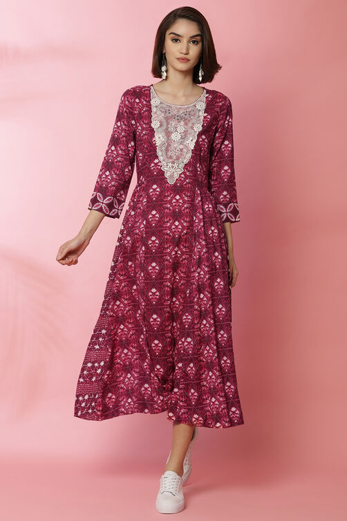 Blue Rayon Flared Lace Printed Dress image number 3