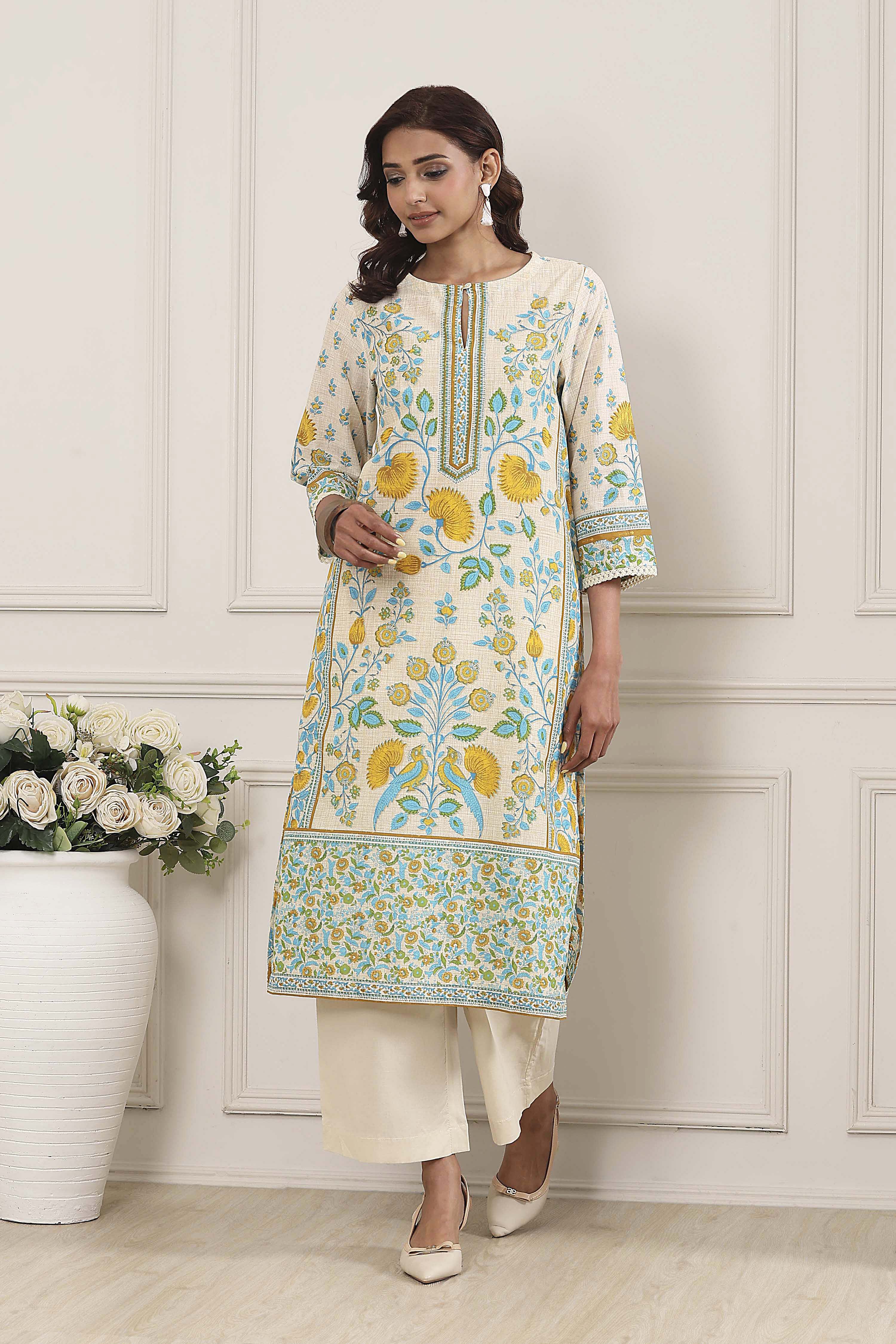 Off-White Cotton Printed Straight Kurta image number 5
