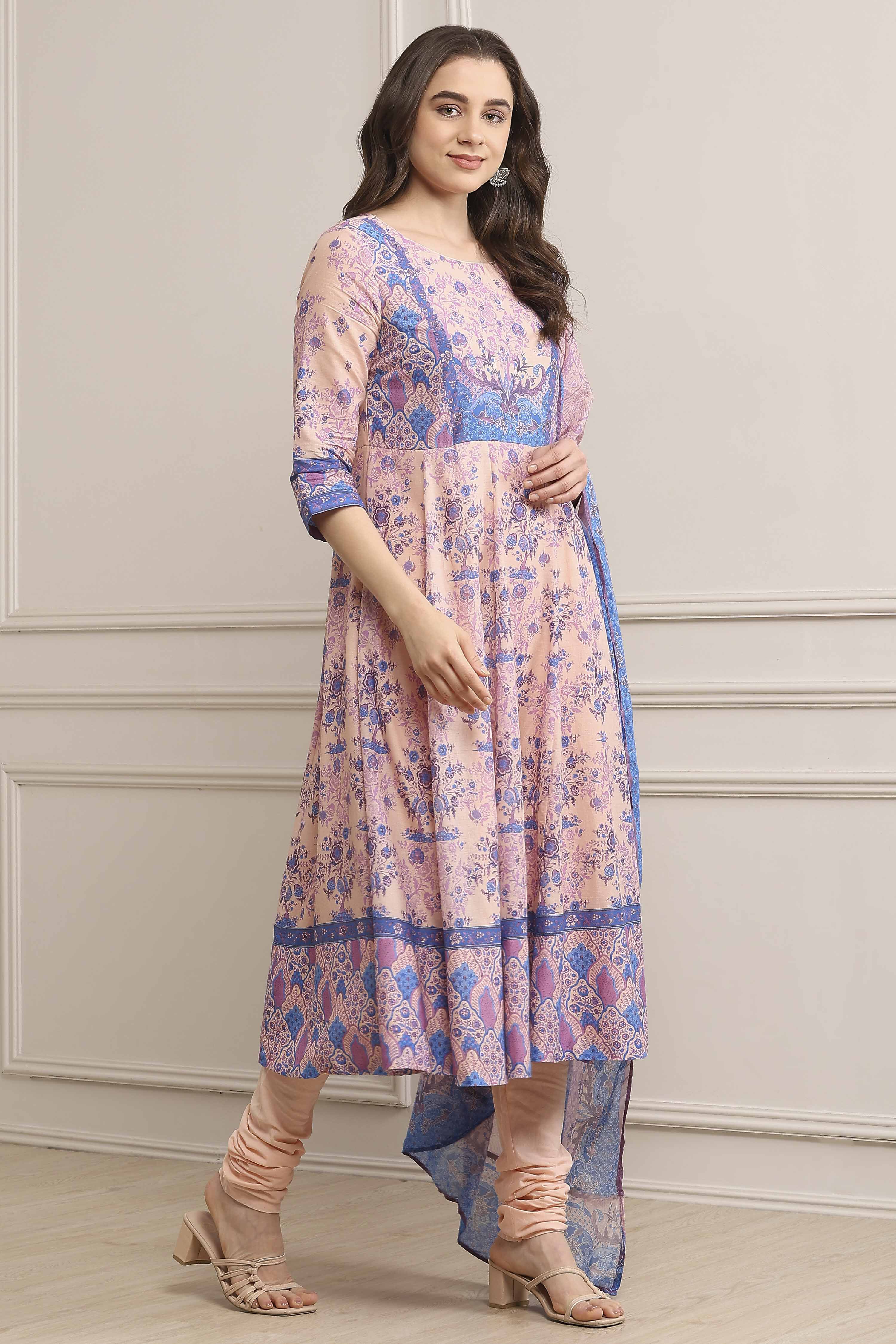 Blue Cotton Printed Anarkali Suit Set image number 5