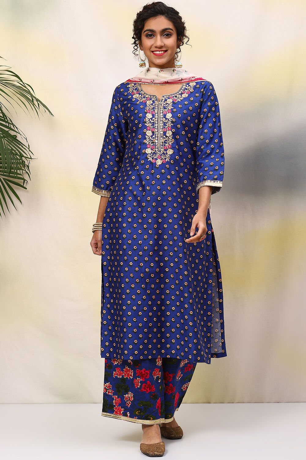 Blue And Off White Cotton Straight Suit Set image number 0