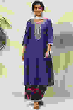 Blue And Off White Cotton Straight Suit Set image number 0