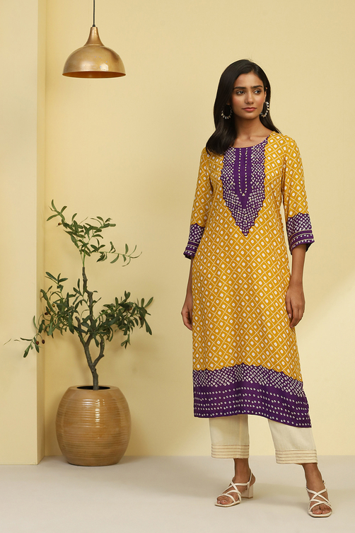 Yellow Bandhani Printed Straight Kurta image number 0