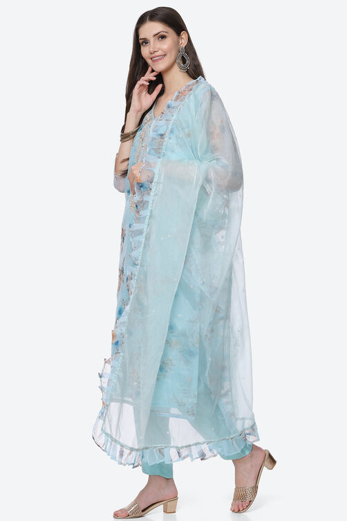 Blue Organza Unstitched Suit Set image number 6