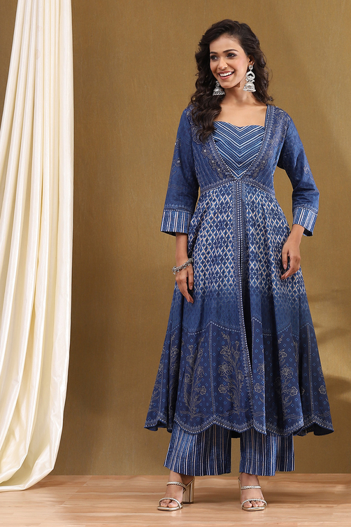 Indigo Modal Festive Anarkali Fusion Suit Set image number 0