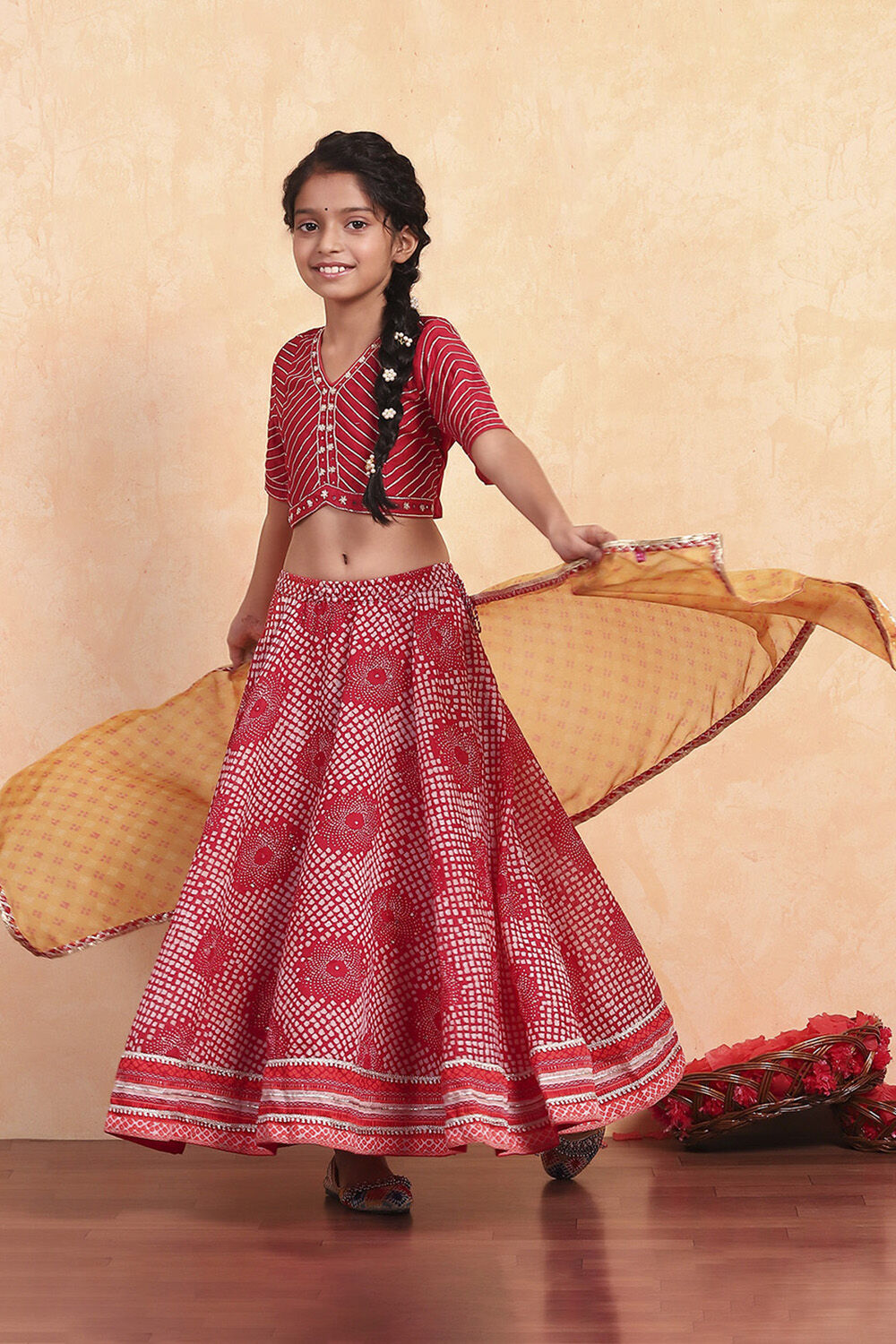 Red Poly Chanderi Printed Lehenga Set image number 3