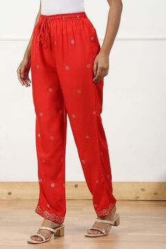 Red Printed Regular Fit Straight Pants image number 2