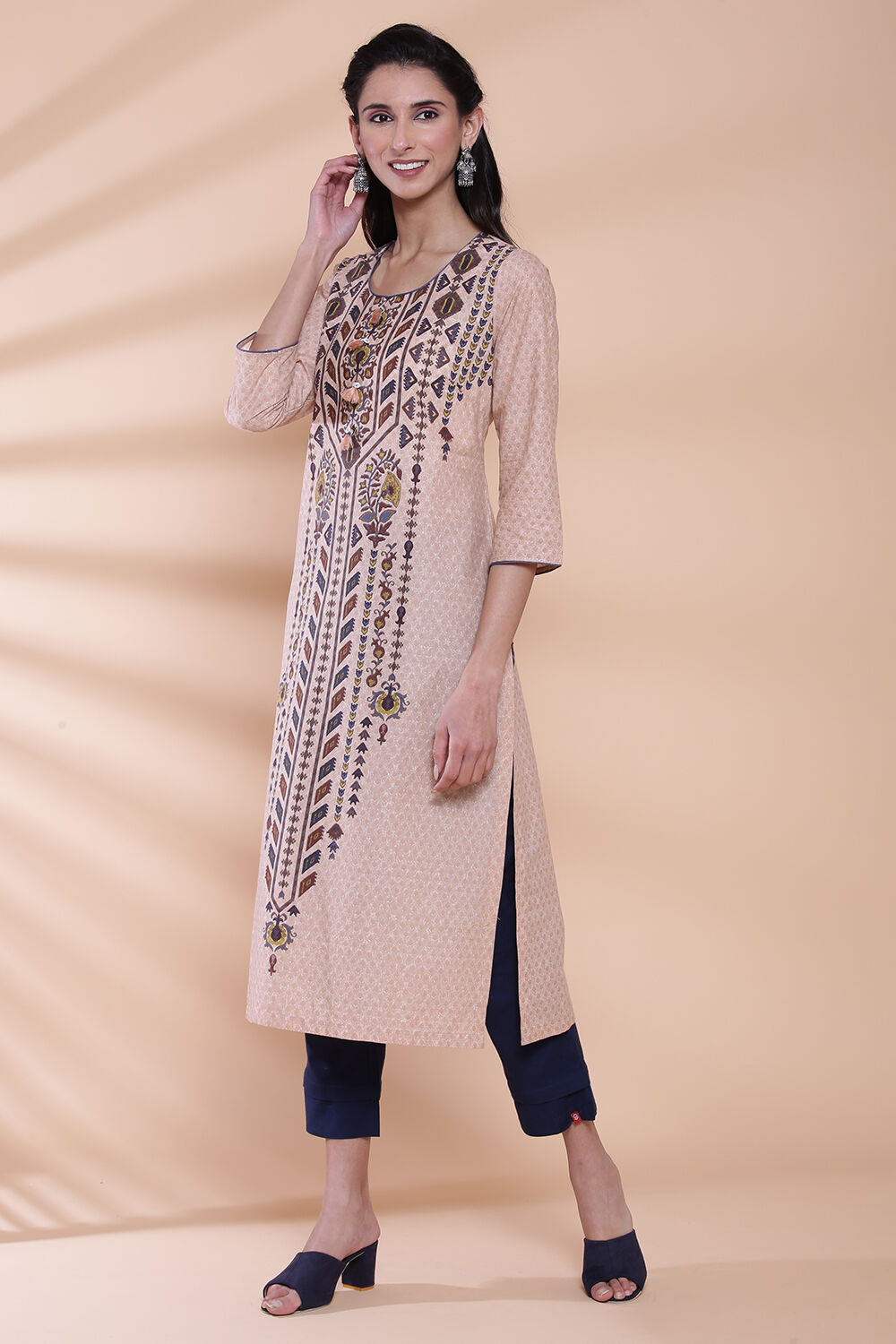 Peach Cotton Straight Kurta image number 2