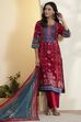 Red Cotton Printed Straight Kurta Set image number 0