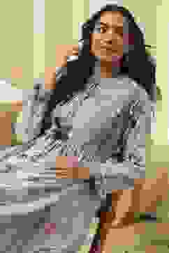 Dull Blue Cotton Printed Flared Kurta image number 2