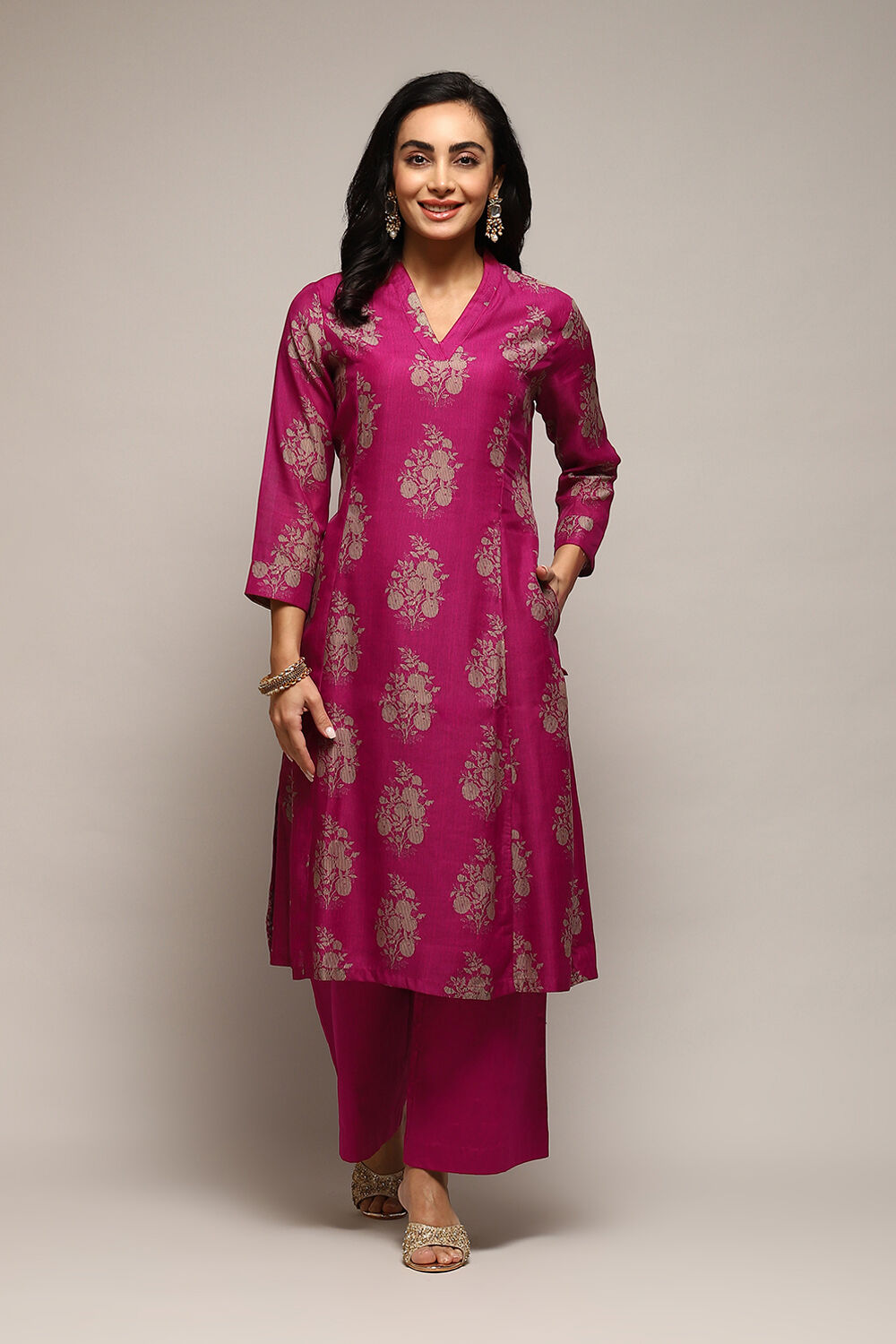 Pink Poly Chanderi A-Line Printed Kurta Palazzo Suit Set image number 6