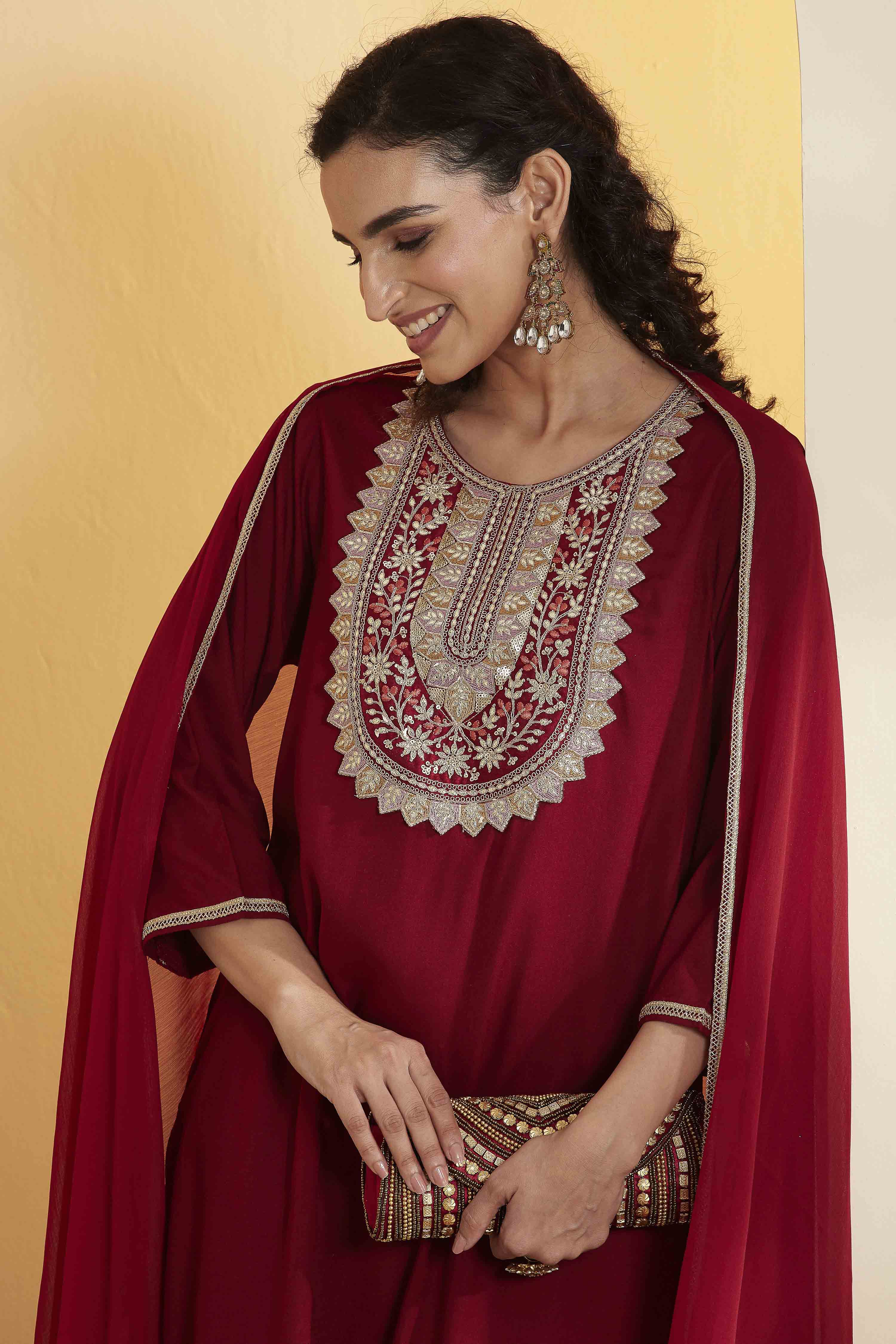 Maroon Viscose Rayon Embroidered Straight Kurta Set image number 1
