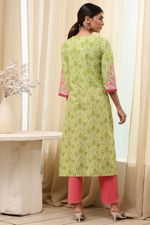 Green Cotton Printed Straight Kurta image number 3