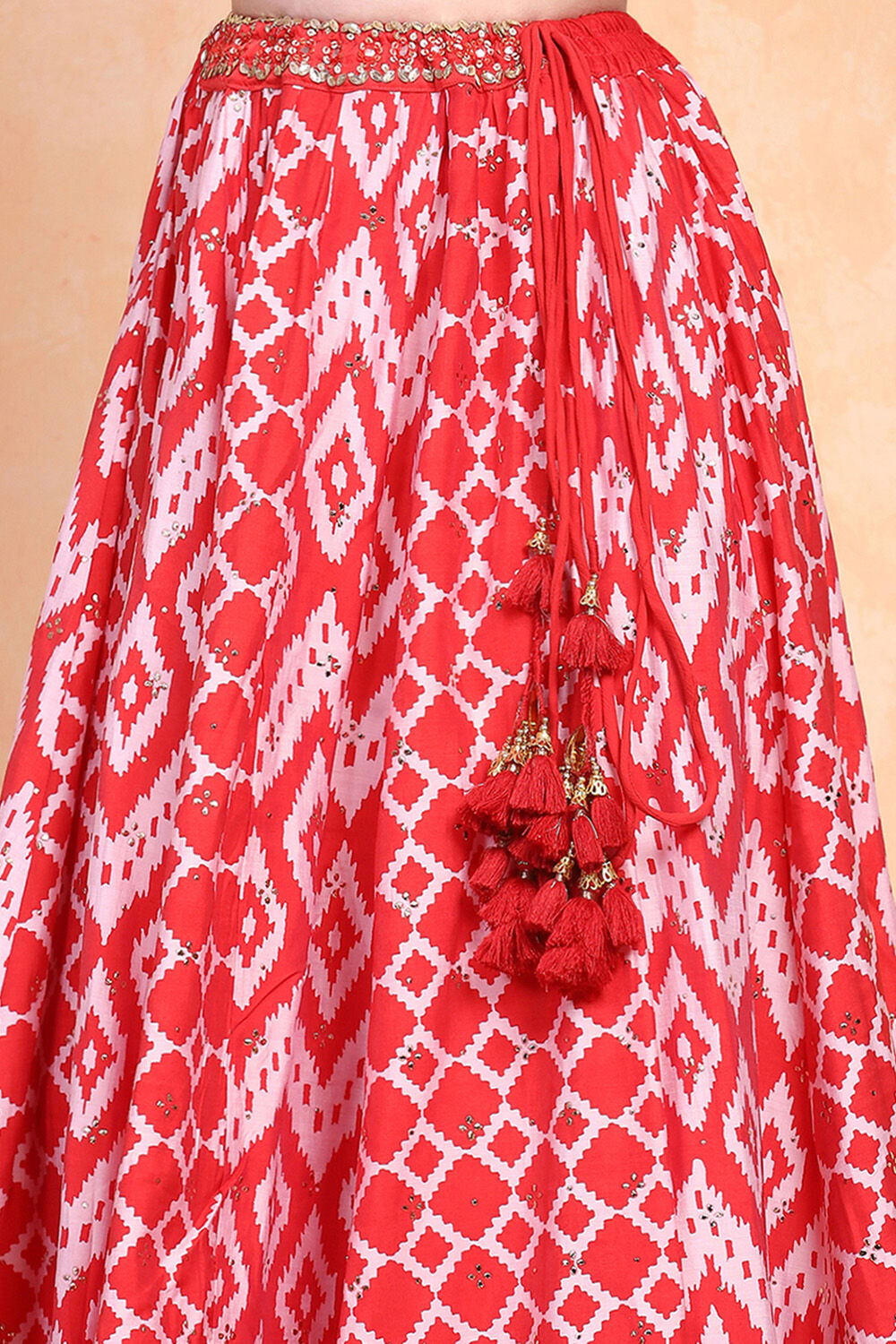 Red Printed Fusion Flared Lehenga Set image number 2