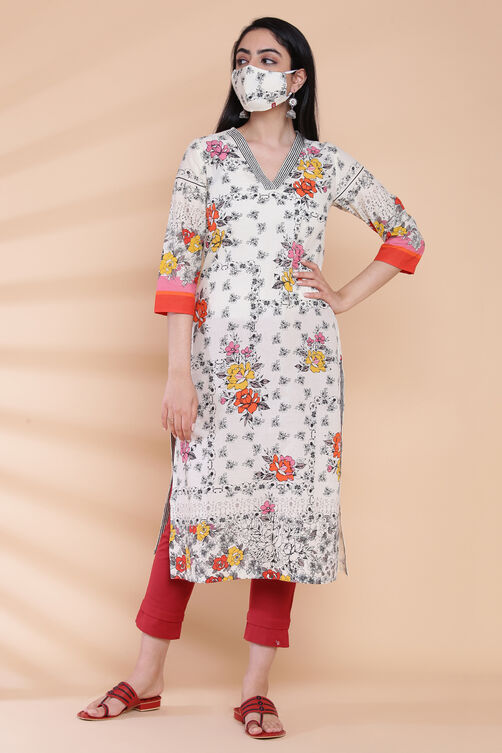 Cream Cotton Straight Printed Kurta image number 3