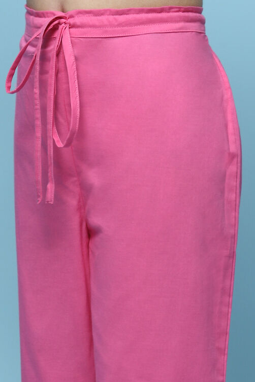Pink Cotton Tiered Kurta With Palazzo & Net Dupatta  image number 2