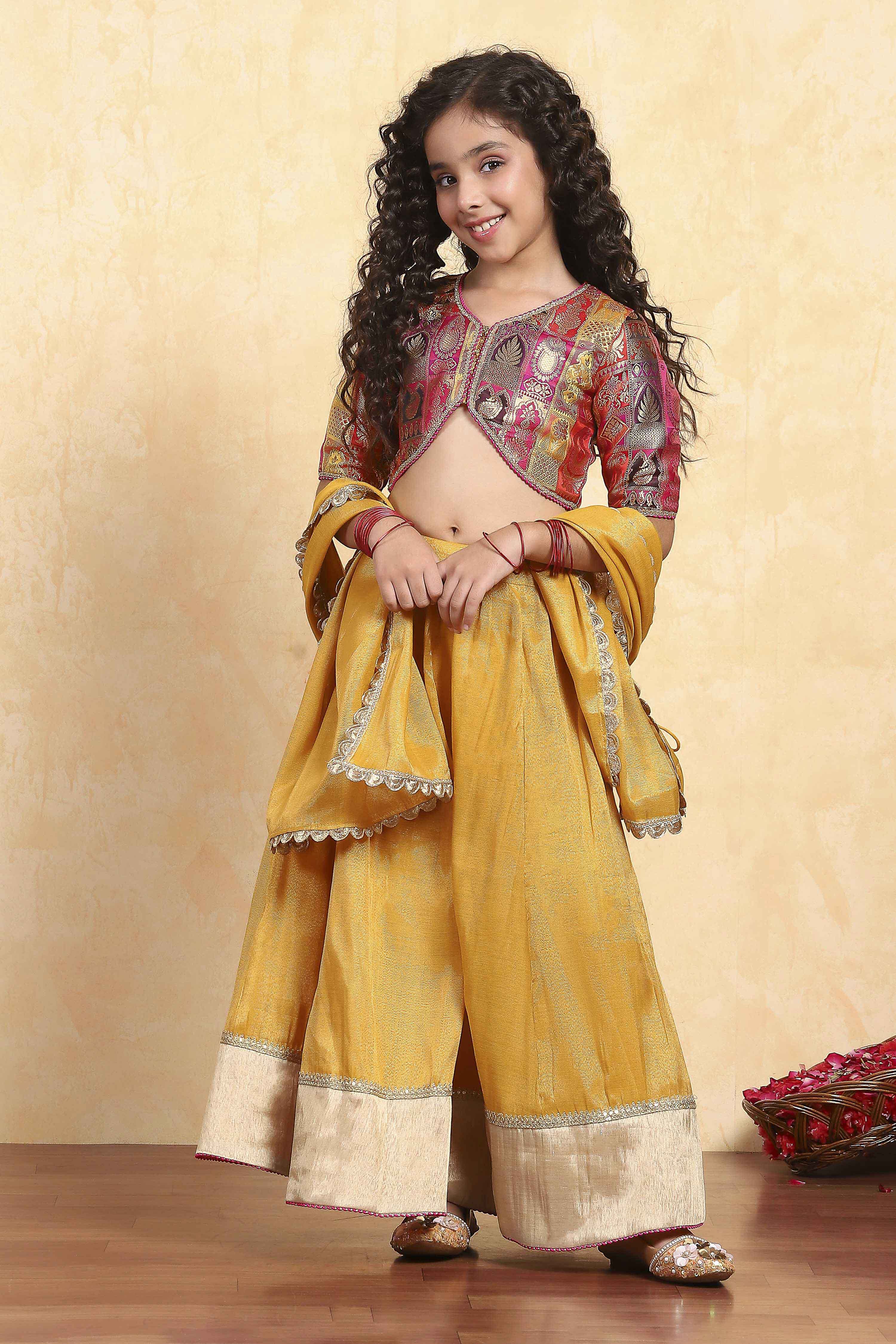 Mustard Yellow Polyester Gathered Lehenga Set image number 7
