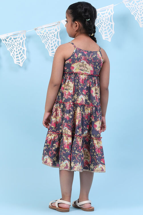 Blue Rayon Tiered Printed Kurta image number 4