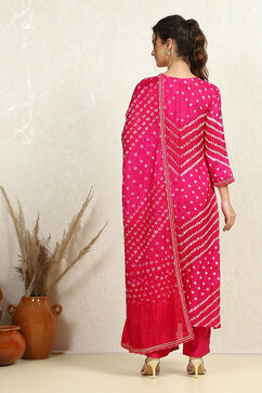 Pink Silk Blend Bandhej Crinkled Unstitched Suit Set image number 4