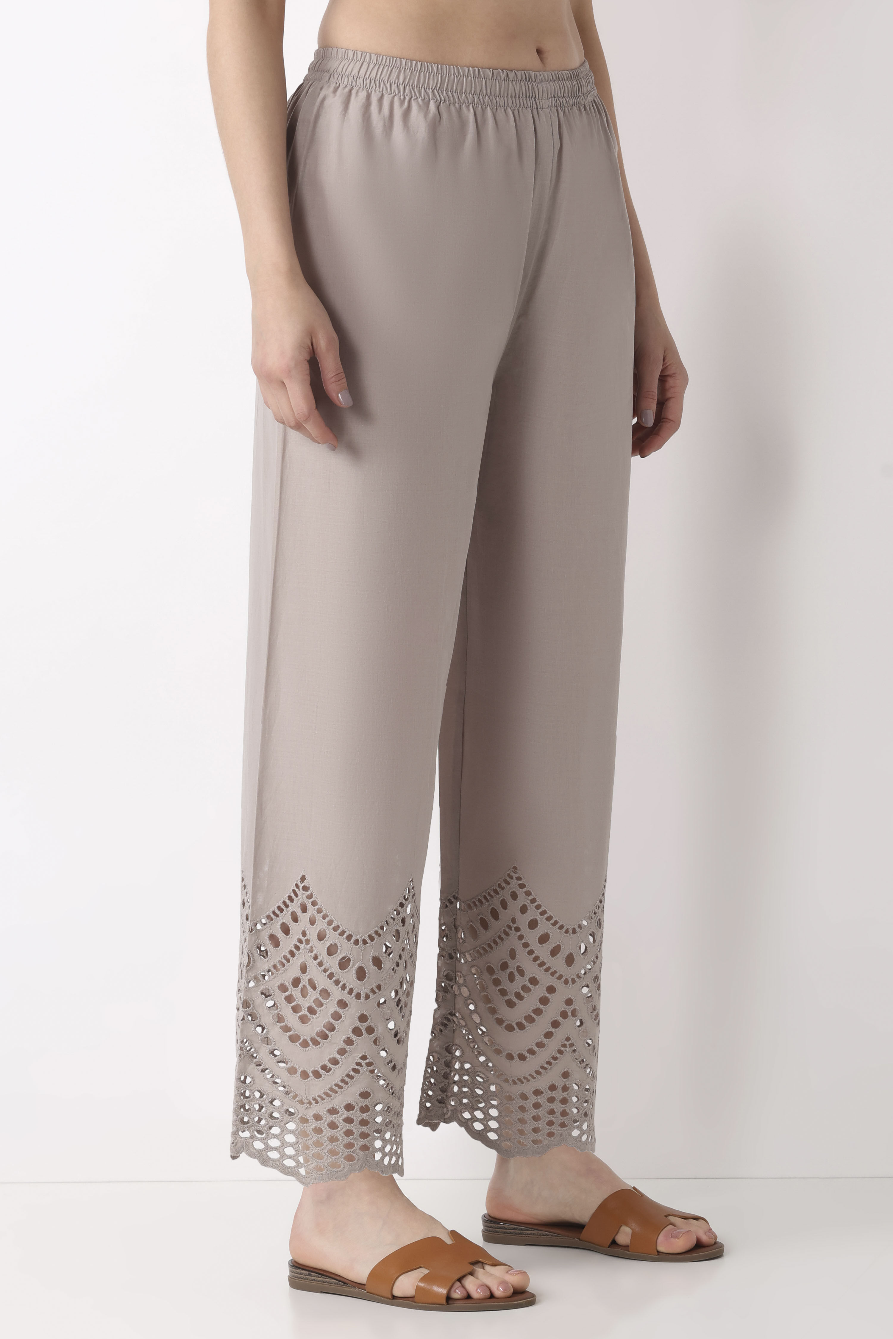 Grey Cotton Straight Palazzos image number 4