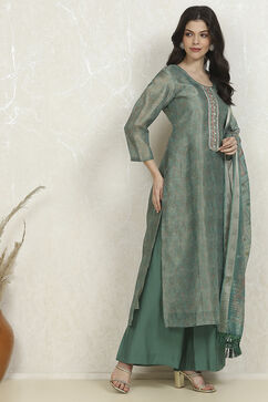 Teal Chanderi Unstitched Suit Set image number 6