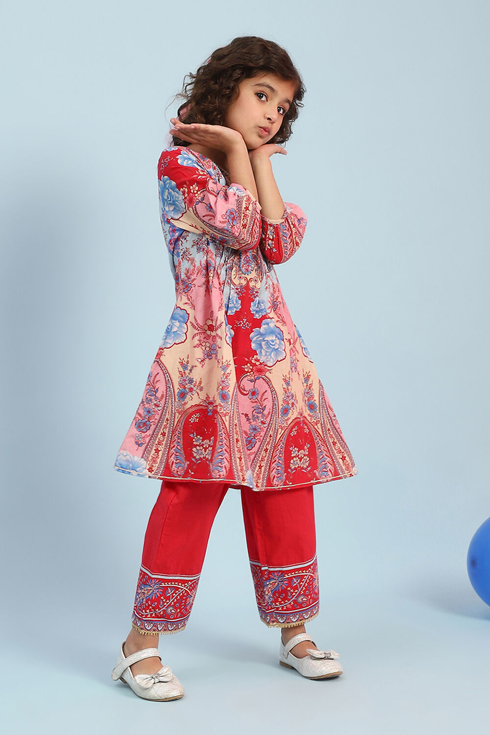 Pink and Blue Cotton Printed A-Line Kurta Set image number 5