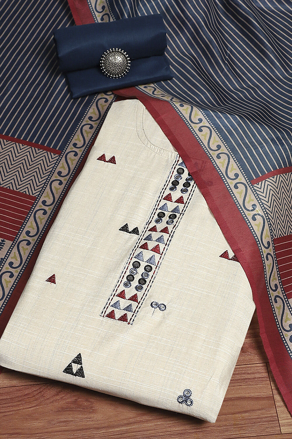 Beige Cotton Handloom Unstitched Suit Set image number 0