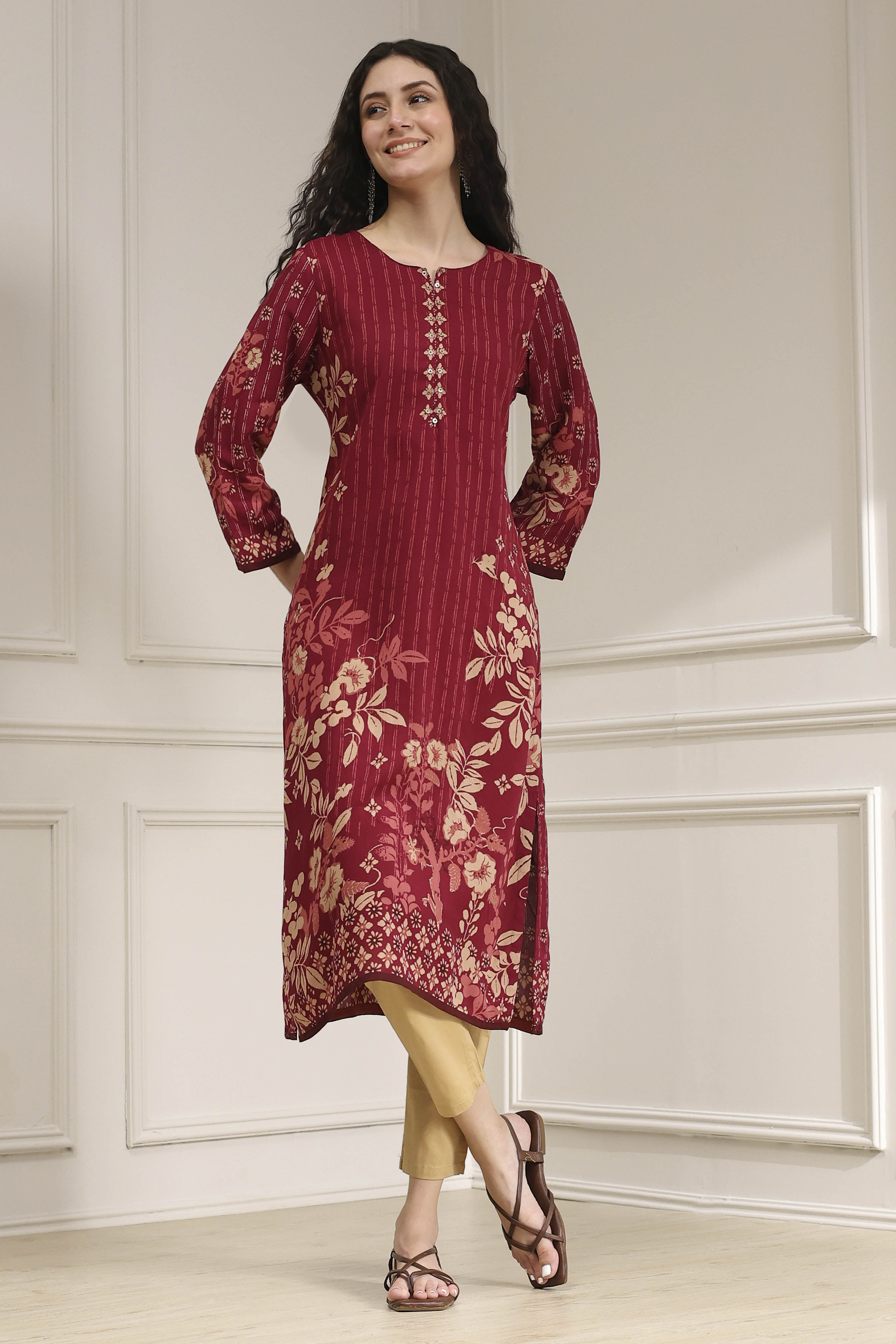 Berry Maroon Printed Straight Kurta image number 0