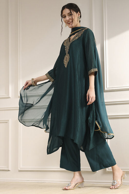 Green Polyester Straight Yarndyed Suit Set image number 3