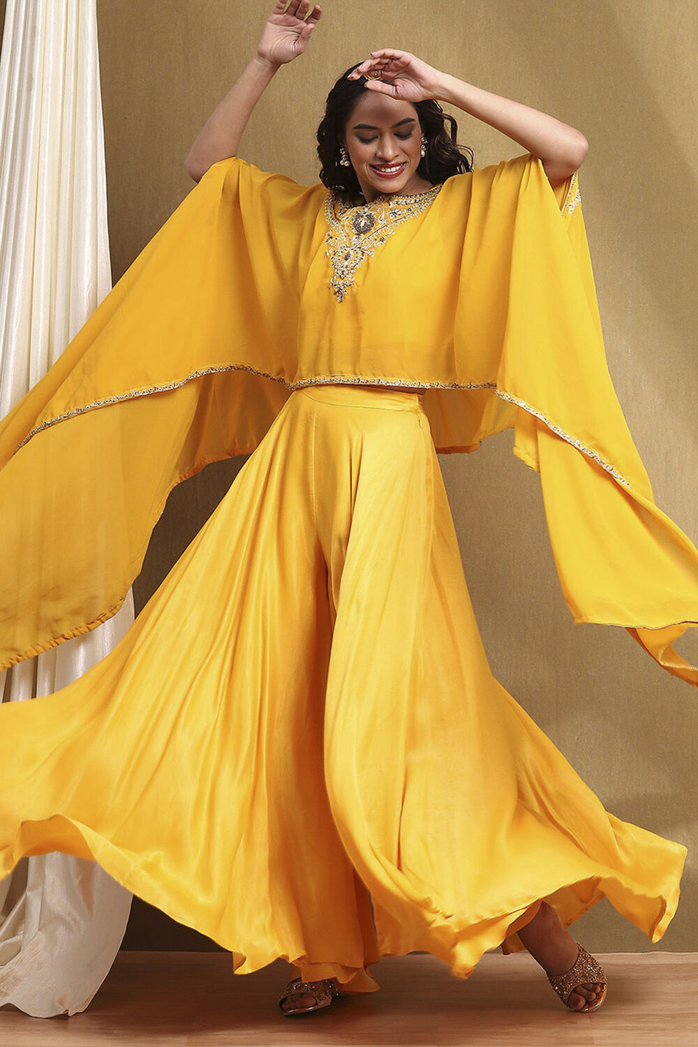 Yellow Embroidered Fusion Set image number 0