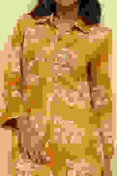 Mustard Yellow Floral Printed Shirt Style A-line Dress image number 1