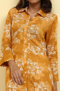 Mustard Yellow Floral Printed Shirt Style A-line Dress image number 1