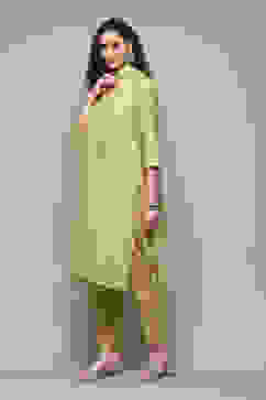 Lime Green LIVA Straight Kurta Pant Suit Set image number 5