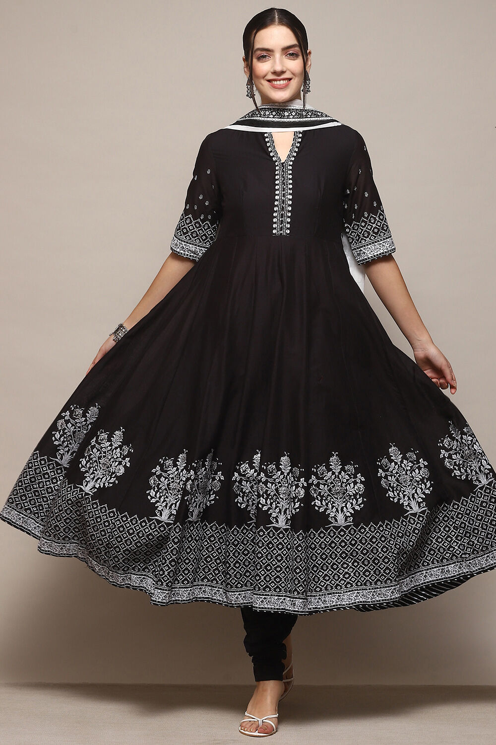 Black Cotton Anarkali Printed Kurta Churidar Suit Set image number 0