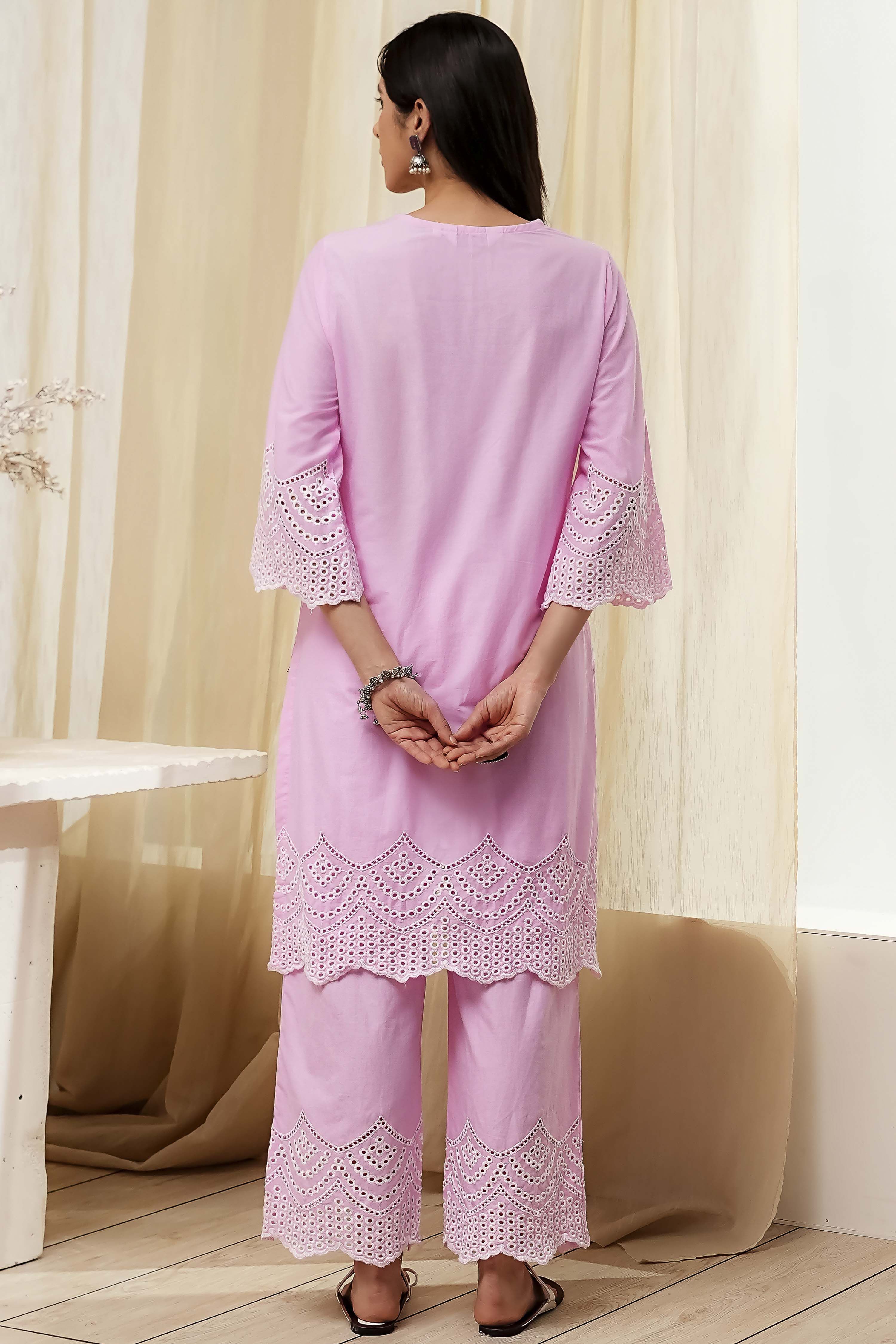 Pink Cotton Schiffli Straight Suit Set image number 4
